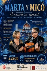 Cartel del concierto de Marta y Micó en el Giardino delle Rose, Florencia, 8 de agosto de 2026