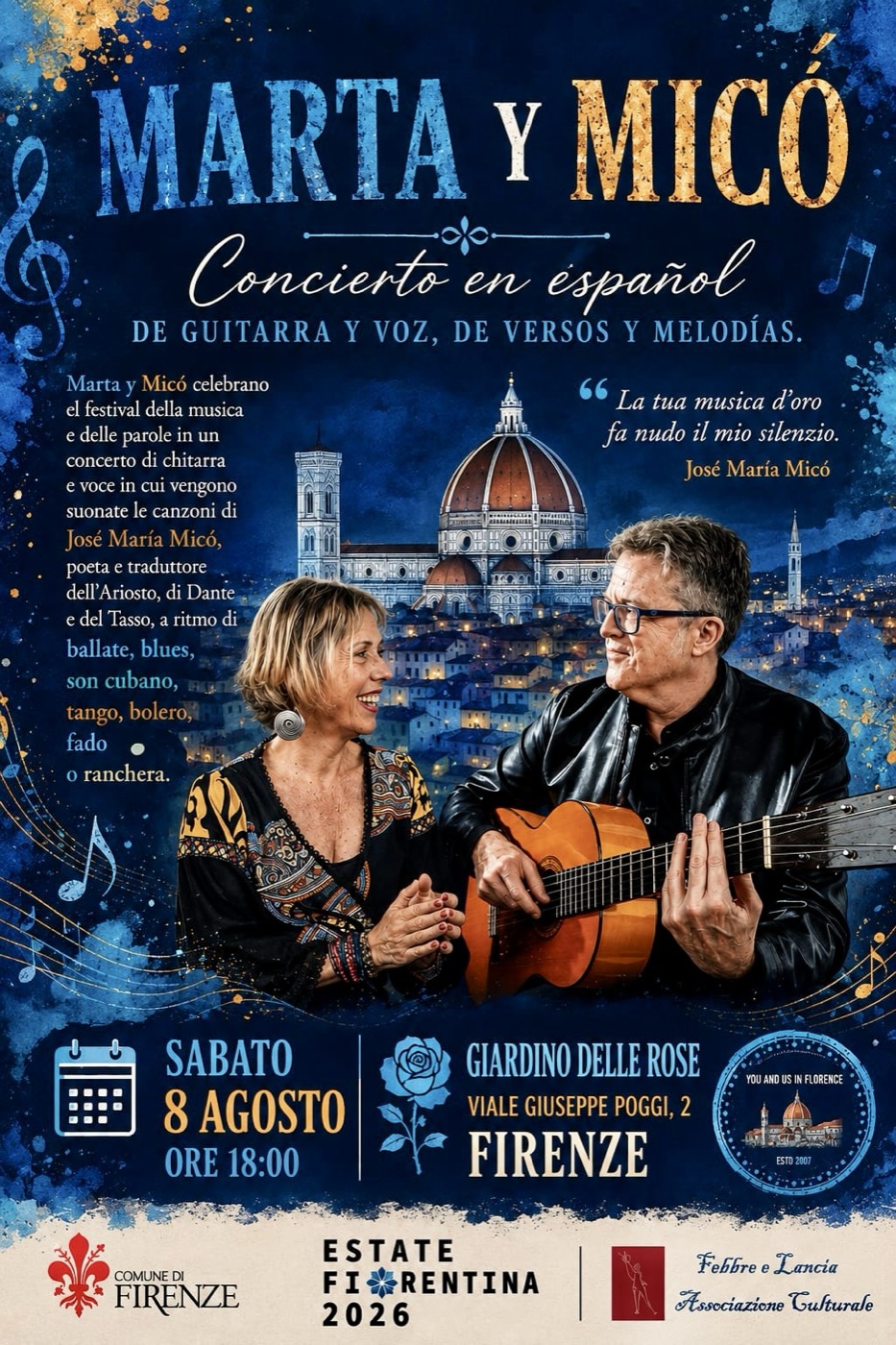 Cartel del concierto de Marta y Micó en el Giardino delle Rose, Florencia, 8 de agosto de 2026